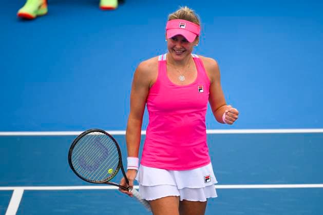 Kateryna Baindl of Ukraine in action during match against Jaqueline Cristian of Romania within the WTA, Tennis Damen Prague Open 2023 tennis tournament, 3rd round, on August 4, 2023, in Prague, Czech Republic. (CTKxPhoto OndrejxDeml) CTKPhotoP2023080404111  CTKPhotoP2023080404111