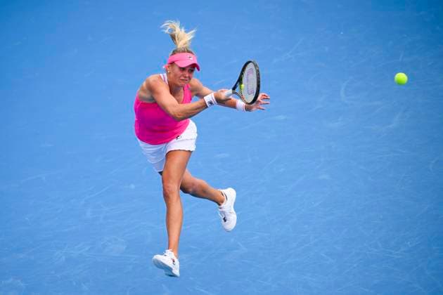 Kateryna Baindl of Ukraine in action during match against Jaqueline Cristian of Romania within the WTA, Tennis Damen Prague Open 2023 tennis tournament, 3rd round, on August 4, 2023, in Prague, Czech Republic. (CTKxPhoto OndrejxDeml) CTKPhotoP2023080404112  CTKPhotoP2023080404112