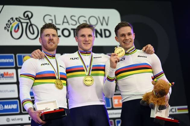 Bilder des Jahres 2023, Sport 08 August Sport Themen der Woche KW31 Sport Bilder des Tages 04-08-2023 World Championships Elite Track; Giornata 02; 2023, Olanda; Van Den Berg, Roy; Lavreysen, Harrie; Hoogland, Jeffrey; Glasgow - Sir Chris Hoy Velodrome; 