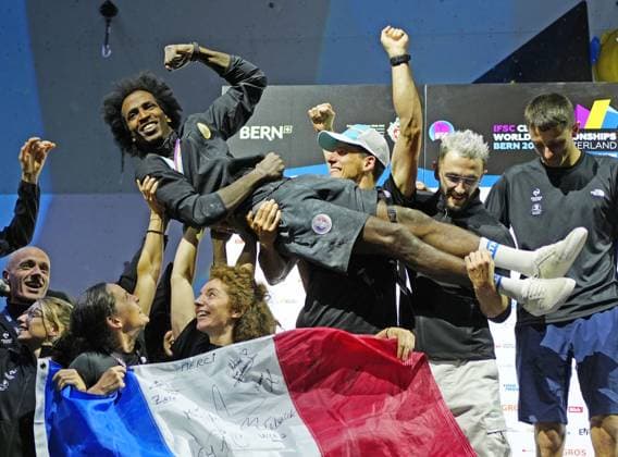 Sport Themen der Woche KW31 Sport Bilder des Tages Climbing: World championships Mickael Mawem of France is given a victory toss after winning the men s boulder final at the climbing world championships on Aug. 4, 2023, in Bern, Switzerland.  A14AA0001740326P