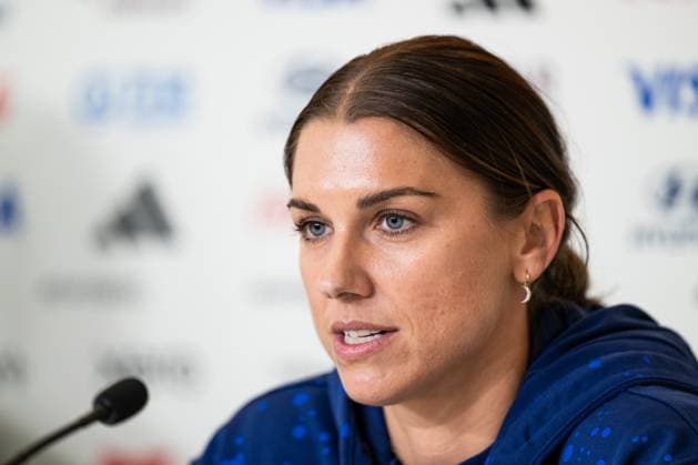 230805 Alex Morgan at a press conference, PK, Pressekonferenz with the women s national football team of USA during the FIFA Women s World Cup on August 5, 2023 in Melbourne. Photo: Mathias Bergeld BILDBYRAN kod MB MB0671 fotboll football soccer fotball fotbolls-vm världsmästerskap vm fifa womens world cup presskonferens press conference usa 17 dam bbeng Copyright: MATHIASxBERGELD BB230805MB101