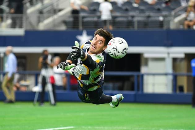 ARLINGTON, TX - JULY 29: Real Madrid goalkeeper, Thibaut Courtois (1), blocks a shot on goal during the International Men s Soccer match between Real Madrid and FC Barcelona, Barca on July 29, 2023; at AT&T Stadium in Arlington, TX. (Photo by Kevin Langley Icon Sportswire) SOCCER: JUL 29 Soccer Champions Tour - Real Madrid vs Barcelona EDITORIAL USE ONLY Icon23072935