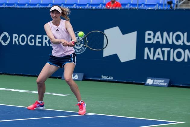 August 05, 2023: Cristina Bucsa of Spain returns service during the WTA, Tennis Damen National Bank Open qualifying round match at IGA Stadium in Montreal, Quebec. CSM Montreal Canada - ZUMAc04_ 20230805_zma_c04_003 Copyright: xDanielxLeax