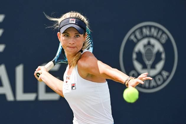 MONTREAL, QC - AUGUST 05: Elizabeth Mandlik (USA) returns the ball during the qualifying round match at WTA, Tennis Damen National Bank Open on August 05, 2023 at IGA Stadium in Montreal, QC (Photo by David Kirouac Icon Sportswire) TENNIS: AUG 05 National Bank Open EDITORIAL USE ONLY Icon230805022