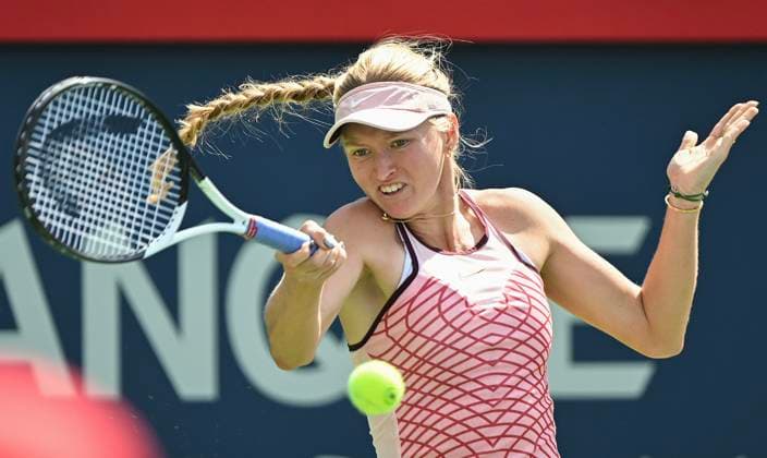 August 5, 2023, Montreal, PQ, Canada: Elvina Kalieva, from the United States, plays a shot to Camila Giorgi, from Italy, during their qualifying match at the National Bank Open tennis tournament in Montreal, Saturday, August 5, 2023. Camila Giorgi, Elvina Kalieva,  - ZUMAc35_ 20230805_zaf_c35_039 Copyright: xGrahamxHughesx