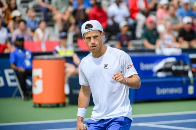 August 5, 2023, Toronto, ON, Canada: Argentinas Diego Schwartzman celebrates during a match with Canadas Liam Draxl during a qualifying round at the National Bank Open, in Toronto, on Saturday, August 5, 2023. Canada News - August 5, 2023  - ZUMAc35_ 20230805_zaf_c35_117 Copyright: xChristopherxKatsarovx