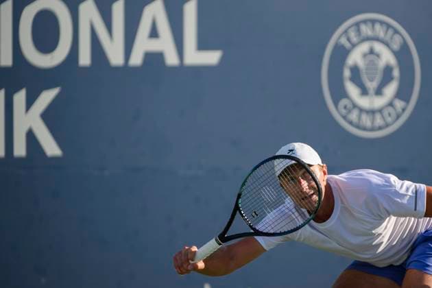 August 5, 2023, Toronto, ON, Canada: Canadas Peter Polansky returns the ball to Australias Max Purcell during a qualifying match at the National Bank Open, in Toronto, on Saturday, August 5, 2023. Canada News - August 5, 2023  - ZUMAc35_ 20230805_zaf_c35_165 Copyright: xChristopherxKatsarovx
