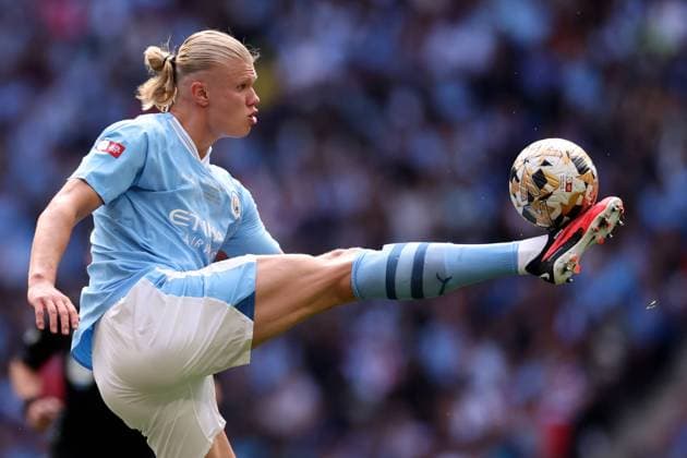 6th August 2023; Wembley Stadium, London, England; Community Shield Football, Arsenal versus Manchester City; Erling Haaland of Manchester City controls the ball  ActionPlus12540062 ShaunxBrooks