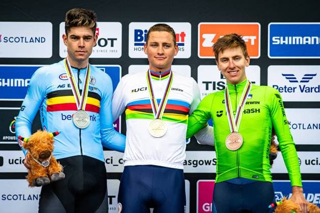 VAN AERT Wout, VAN DER POEL Mathieu, POGAÄaAR Tadej: UCI Road cycling, Rad, Radsport, Strasse World Championships 2023 VAN AERT Wout ( BEL ) - Belgium - Second Place - VAN DER POEL Mathieu ( NED ) - Netherlands - Winner - First Place - POGAÄaAR Tadej ( SLO ) Slovenia Third Place - Award Ceremony Medal Ceremony Podium - Querformat - quer - horizontal - Landscape - Event Veranstaltung: UCI Road Cycling World Championships 2023 - Category Kategorie: Cycling - Road Cycling World Championships - Elite Men - Location Ort: Europe - Great Britain - Scotland - Start: Edinburgh - Finish: Glasgow - Discipline: Road Race ( RR ) - Distance: 271,1 km - Date Datum: 06.08.2023 Sunday Day 2 -