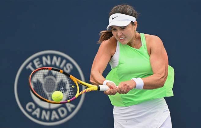 August 7, 2023, Montreal, PQ, Canada: Kayla Day from the United States plays a shot to Marie Bouzkova from the Czech Republic during their first round match at the National Bank Open tennis tournament in Montreal, Monday, August 7, 2023. Canada News - August 7, 2023  - ZUMAc35_ 20230807_zaf_c35_012 Copyright: xGrahamxHughesx