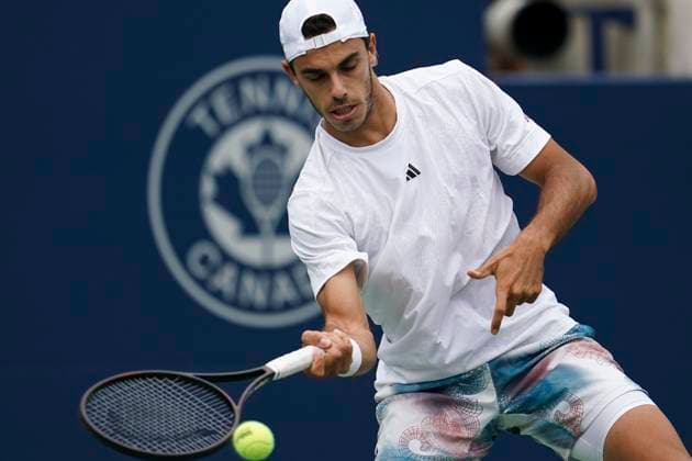 August 7, 2023, Toronto, Ontario, Canada: FRANCISCO CERUNDOLO hits a shot to Alexis Galarneau during first round action at The National Bank Open ATP, Tennis Herren tournament in Toronto Toronto Canada - ZUMAm215 20230807_zip_m215_010 Copyright: xArlynxMcAdoreyx