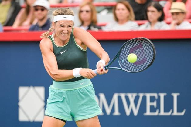 MONTREAL, QC - AUGUST 07: Victoria Azarenka returns the ball during a first round match at WTA, Tennis Damen National Bank Open on August 07, 2023 at IGA Stadium in Montreal, QC (Photo by David Kirouac Icon Sportswire) TENNIS: AUG 07 National Bank Open EDITORIAL USE ONLY Icon230807031