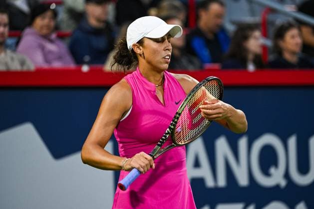 MONTREAL, QC - AUGUST 07: Look on Madison Keys (USA) during a first round match at WTA, Tennis Damen National Bank Open on August 07, 2023 at IGA Stadium in Montreal, QC (Photo by David Kirouac Icon Sportswire) TENNIS: AUG 07 National Bank Open EDITORIAL USE ONLY Icon230807055