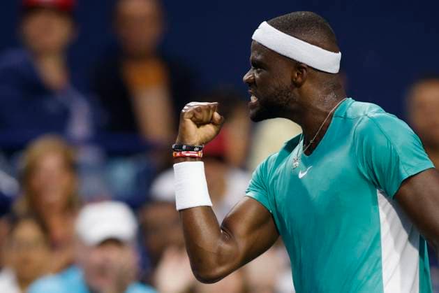 Sport Bilder des Tages August 7, 2023, TORONTO, ON, CANADA: Frances Tiafoe, of the USA, celebrates a point against Canada s Milos Raonic at the National Bank Open tennis tournament in Toronto, Monday, Aug. 7, 2023. Canada News - August 7, 2023 - ZUMAc35_ 20230807_zaf_c35_084 Copyright: xColexBurstonx