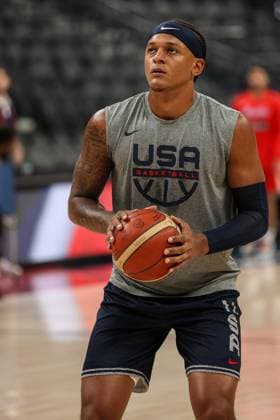 August 7, 2023: USA forward Paolo Banchero (8) warms up prior to the start of the USA Basketball Showcase featuring the USA vs. Puerto Rico at T-Mobile Arena on August 7, 2023 in Las Vegas, NV. CSM. Las Vegas United States of America - ZUMAc04_ 20230807_zma_c04_194 Copyright: xChristopherxTrimx