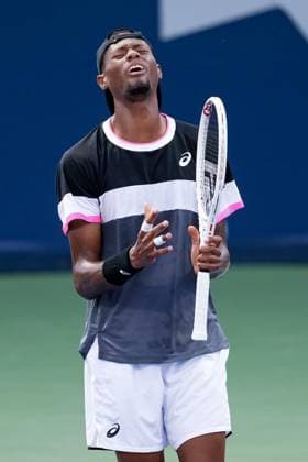 TORONTO, ON - AUGUST 07: Christopher Eubanks of the United States reacts after a missed shot during his first round match of the National Bank Open, part of the Hologic ATP, Tennis Herren Tour, at Sobeys Stadium on August 7, 2023 in Toronto, Canada. (Photo by Julian Avram Icon Sportswire) TENNIS: AUG 07 National Bank Open EDITORIAL USE ONLY Icon2308070015