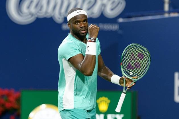 TORONTO, ON - AUGUST 07: Frances Tiafoe of the United States reacts after winning a point during his first round match of the National Bank Open, part of the Hologic ATP, Tennis Herren Tour, at Sobeys Stadium on August 7, 2023 in Toronto, Canada. (Photo by Julian Avram Icon Sportswire) TENNIS: AUG 07 National Bank Open EDITORIAL USE ONLY Icon2308072937