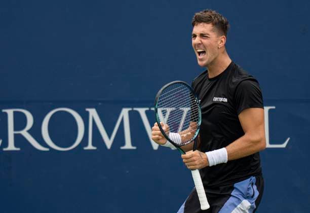 (230808) -- TORONTO, Aug. 8, 2023 -- Thanasi Kokkinakis of Australia celebrates victory after the first round of men s singles match between Zhang Zhizhen of China and Thanasi Kokkinakis of Australia at the 2023 National Bank Open in Toronto, Canada, on Aug. 7, 2023. (Photo by Xinhua) (SP)CANADA-TORONTO-TENNIS-NATIONAL BANK OPEN-MEN S SINGLES ZouxZheng 