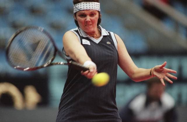 Moscow, Russia. French tennis player Nathalie Tauziat competes against Russian sportswoman Tatyana Panova in the 1 8 match of the women s single event of the 1999 Kremlin Cup at the Olympic Sports Complex. Nathalie Tauziat won with the total score of 6:3, 3:6, 6:3. Roman Denisov TASS  19554985