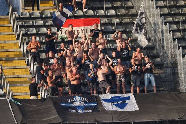 Braga Portugal, 08.08.2023 UEFA CHAMPIONS LEAGUE-QUALIFIKATION SC Braga - FK TSC Backa Topola v.l., FK TSC Backa Topola Fans,Stimmung, Schals, Trikots, Emotionen Copyright: JoaquimxFerreira