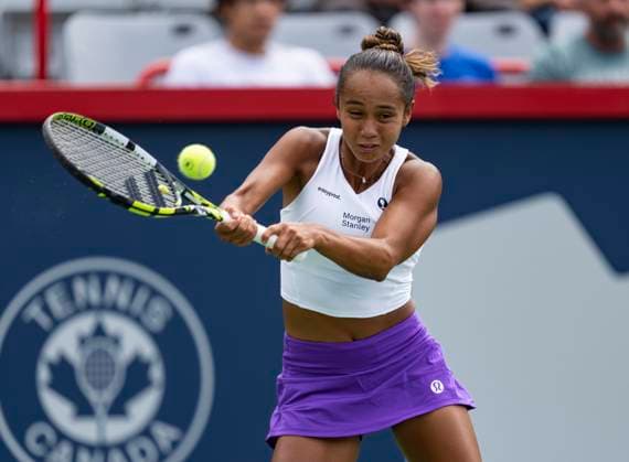 August 8, 2023, MONTREAL, PQ, Canada: Leylah Fernandez of Canada hits a return to Peyton Stearns of the United States, during the National Bank Open tennis tournament in Montreal, Tuesday, August 8, 2023. Canada News - August 8, 2023  - ZUMAc35_ 20230808_zaf_c35_038 Copyright: xChristinnexMuschix