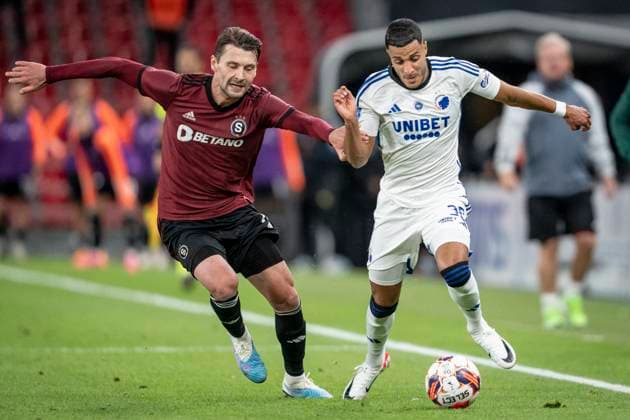 Sparta Prague s Kaan Kairinen and FC Copenhagen s Elias Achouri during the Champions League qualifying match in the third round between FC Copenhagen and Sparta Prague at Parken in Copenhagen, Tuesday, August 8, 2023. The match ends 0-0.. (Photo: Mads Claus Rasmussen Ritzau Scanpix ) , Denmark Copyright: RitzauxScanpix MadsxClausxRasmussenx COP14175 spdk20230808-222717-L