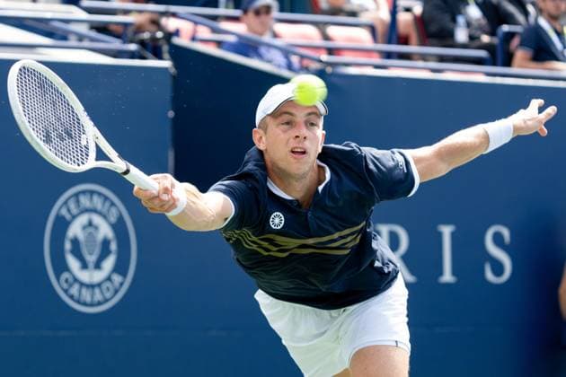TORONTO, ON - AUGUST 08: Tallon Griekspoor of Netherlands hits a shot during his first round match of the National Bank Open, part of the Hologic ATP, Tennis Herren Tour, at Sobeys Stadium on August 8, 2023 in Toronto, Canada. (Photo by Julian Avram Icon Sportswire) TENNIS: AUG 08 National Bank Open EDITORIAL USE ONLY Icon2308081793