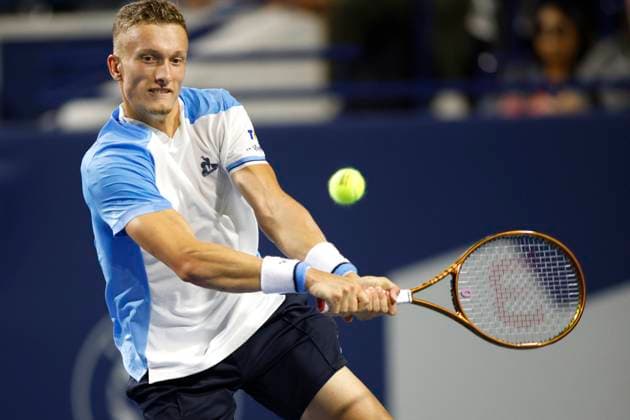 August 8, 2023, TORONTO, ON, Canada: Jiri Lehecka of Czech Republic returns a ball to Casper Ruud of Norway during National Bank Open tennis in Toronto, Tuesday, Aug. 8, 2023. Canada News - August 8, 2023  - ZUMAc35_ 20230808_zaf_c35_126 Copyright: xColexBurstonx