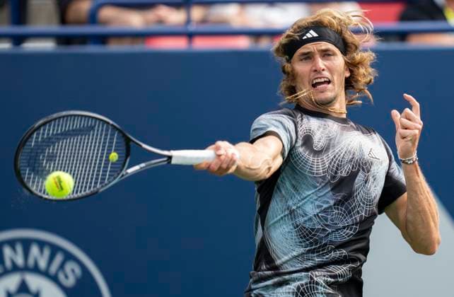 (230809) -- TORONTO, Aug. 9, 2023 -- Alexander Zverev competes during the men s singles first round match between Tallon Griekspoor of the Netherlands and Alexander Zverev of Germany at the National Bank Open tennis tournament in Toronto, Canada, on Aug. 8, 2023. (Photo by Xinhua) (SP)CANADA-TORONTO-TENNIS-NATIONAL BANK OPEN-MEN S SINGLES ZouxZheng 