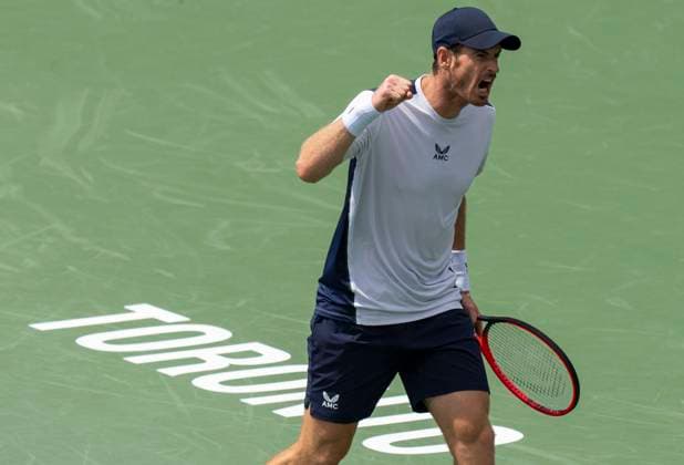 (230809) -- TORONTO, Aug. 9, 2023 -- Andy Murray celebrates during the men s singles first round match between Andy Murray of Britain and Lorenzo Sonego of Italy at the National Bank Open tennis tournament in Toronto, Canada, on Aug. 8, 2023. (Photo by Xinhua) (SP)CANADA-TORONTO-TENNIS-NATIONAL BANK OPEN-MEN S SINGLES ZouxZheng 