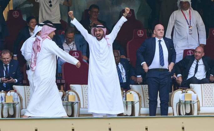 Saudi Arabia s Crown Prince Mohammed bin Salman al-Saud, celebration, Gianni Infantino (SUI) FIFA President, in the group C match ARGENTINA - SAUDI ARABIA FIFA World Cup, WM, Weltmeisterschaft, Fussball 2022 QATAR Season 2022 2023, Nov 22, 2022 in Lusail Stadium in Doha, Qatar.