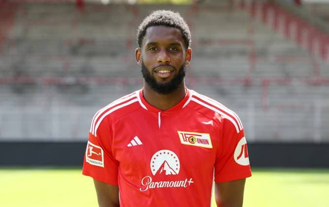 Jordan Siebatcheu; 1.FC Union Berlin FCU 1.BL Bundesliga Porträttermin Saison 2023 2024 Kader, Porträt, Vorstellung, Präsentation, Pressetermin, GER 09.08.23