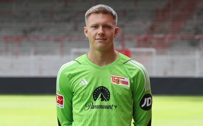 Torwart Yannic Stein; 1.FC Union Berlin FCU 1.BL Bundesliga Porträttermin Saison 2023 2024 Kader, Porträt, Vorstellung, Präsentation, Pressetermin, GER 09.08.23