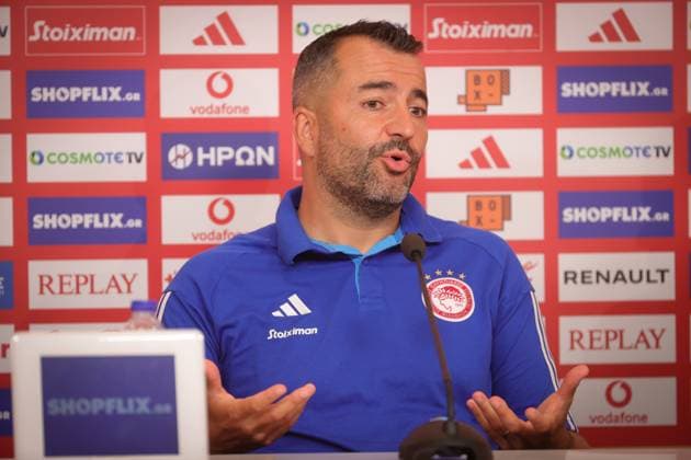 Olympiacos head coach Diego Martinez pictured during a press conference, PK, Pressekonferenz of Greek soccer team Olympiacos F.C., Wednesday 09 August 2023 in Piraeus, Greece. The club is preparing for tomorrow s match against Belgian soccer team KAA Gent in the third qualifying round for the UEFA Europa League competition. VIRGINIExLEFOUR  x71831433x