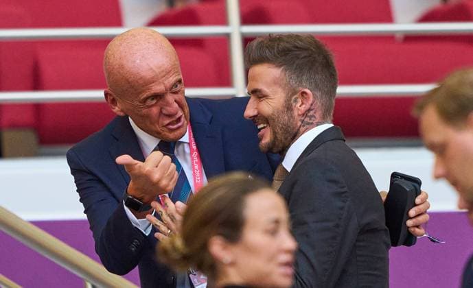 David Beckham, former pro footballer with former referee Pierluigi Collina in the group B match ENGLAND - IRAN 6-2 FIFA World Cup, WM, Weltmeisterschaft, Fussball 2022 QATAR Season 2022 2023, Nov 21, 2022 in Khalifa International Stadium in Doha, Qatar.