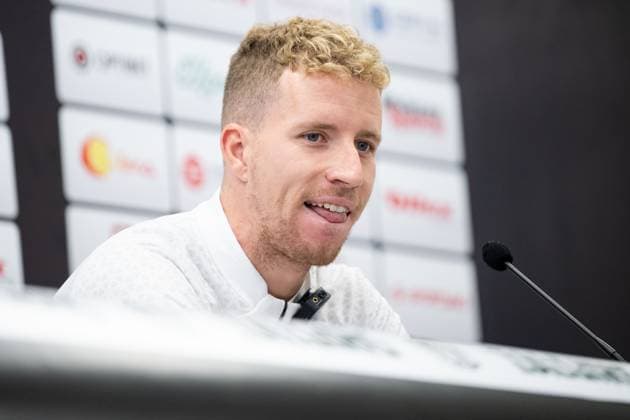230809 Samuel Gustafson during a press conference, PK, Pressekonferenz ahead of a training session with Häcken on August 9, 2023 in Vilnius. Photo: Emma Wallskog BILDBYRAN COP 320 EW0234 fotboll football soccer fotball uefa europa league träning practice training häcken bbeng Copyright: EMMAxWALLSKOG BB230809EW006