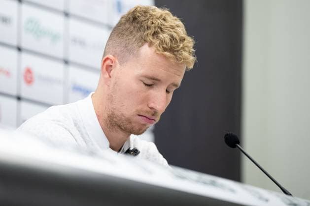 230809 Samuel Gustafson during a press conference, PK, Pressekonferenz ahead of a training session with Häcken on August 9, 2023 in Vilnius. Photo: Emma Wallskog BILDBYRAN COP 320 EW0234 fotboll football soccer fotball uefa europa league träning practice training häcken bbeng depp Copyright: EMMAxWALLSKOG BB230809EW007