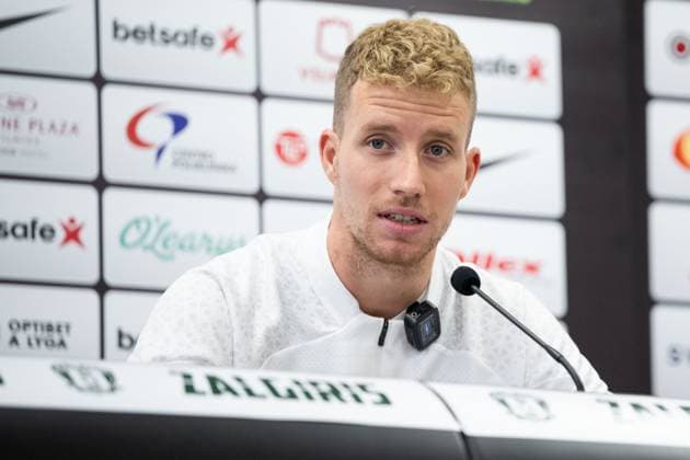 230809 Samuel Gustafson during a press conference, PK, Pressekonferenz ahead of a training session with Häcken on August 9, 2023 in Vilnius. Photo: Emma Wallskog BILDBYRAN COP 320 EW0234 fotboll football soccer fotball uefa europa league träning practice training häcken bbeng Copyright: EMMAxWALLSKOG BB230809EW010