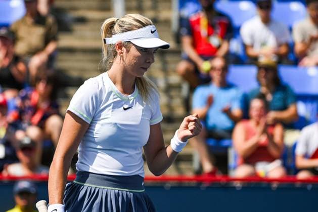 MONTREAL, QC - AUGUST 09: Katie Boulter (GBR) reacts after scoring a point during a second round match at WTA, Tennis Damen National Bank Open on August 09, 2023 at IGA Stadium in Montreal, QC (Photo by David Kirouac Icon Sportswire) TENNIS: AUG 09 National Bank Open EDITORIAL USE ONLY Icon230809004