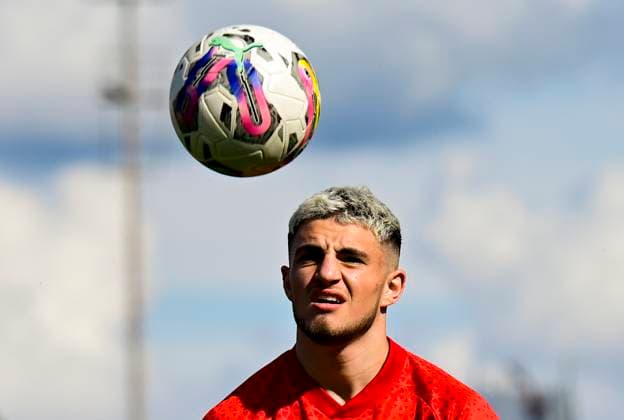 Media programme before the first match of the 3rd qualifying round of the Football UEFA Europa League Slavia Prague vs Dnipro in Prague, Czech Republic, August 9, 2023. Christos Zafeiris of Slavia during a training session. (CTKxPhoto RomanxVondrous) CTKPhotoP2023080905768  CTKPhotoP2023080905768