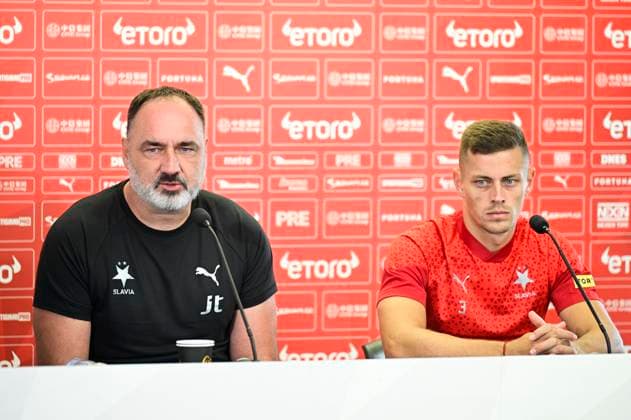 Media programme before the first match of the 3rd qualifying round of the Football UEFA Europa League Slavia Prague vs Dnipro in Prague, Czech Republic, August 9, 2023. From left: coach Jindrich Trpisovsky and Tomas Holes of Slavia during a press conference, PK, Pressekonferenz (CTKxPhoto RomanxVondrous) CTKPhotoP2023080905961  CTKPhotoP2023080905961