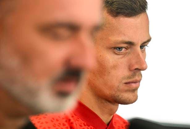 Media programme before the first match of the 3rd qualifying round of the Football UEFA Europa League Slavia Prague vs Dnipro in Prague, Czech Republic, August 9, 2023. Tomas Holes of Slavia during a press conference, PK, Pressekonferenz (CTKxPhoto RomanxVondrous) CTKPhotoP2023080905967  CTKPhotoP2023080905967