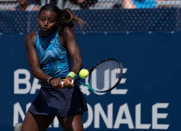August 9, 2023, MONTREAL, PQ, Canada: Alycia Parks of the United States hits a return to Belinda Bencic of Switzerland during the National Bank Open tennis tournament in Montreal, Wednesday, Aug. 9, 2023. Canada News - August 9, 2023  - ZUMAc35_ 20230809_zaf_c35_046 Copyright: xChristinnexMuschix