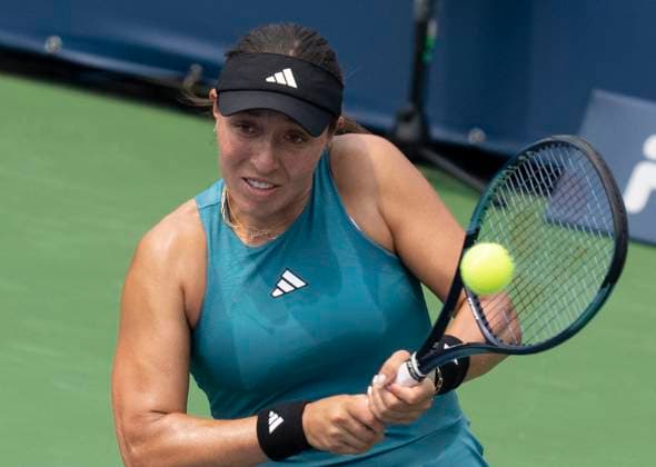 August 9, 2023, MONTREAL, PQ, Canada: Jessica Pegula of the United States hits a return to Yulia Putintseva of Kazakhstan during the National Bank Open tennis tournament in Montreal, Wednesday, Aug. 9, 2023. Canada News - August 9, 2023  - ZUMAc35_ 20230809_zaf_c35_062 Copyright: xChristinnexMuschix