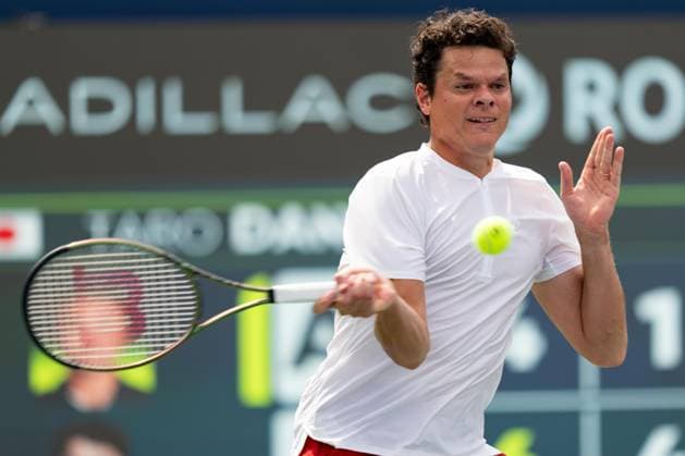 TORONTO, ON - AUGUST 09: Milos Raonic of Canada hits a shot during his second round match of the National Bank Open, part of the Hologic ATP, Tennis Herren Tour, at Sobeys Stadium on August 9, 2023 in Toronto, Canada. (Photo by Julian Avram Icon Sportswire) TENNIS: AUG 09 National Bank Open EDITORIAL USE ONLY Icon2308090082