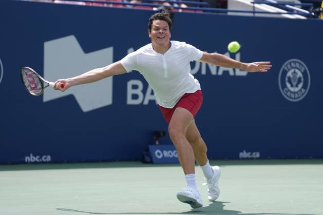August 9, 2023, TORONTO, ON, CAN: Canada s Milos Raonic plays a shot against Japan s Taro Daniel during tennis action at the National Bank Open in Toronto on Wednesday, Aug.9, 2023. Canada News - August 9, 2023  - ZUMAc35_ 20230809_zaf_c35_067 Copyright: xChrisxYoungx