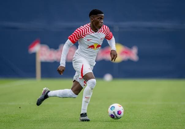Leipzigs Ilaix Moriba. Fussball Testspiel RB Leipzig - VfB Altglienicke. 2. August 2023: Leipzig, Red Bull Akademie. RB Leipzig - VfB Altglienicke *** Leipzigs Ilaix Moriba football test match RB Leipzig VfB Altglienicke 2 August 2023 Leipzig, Red Bull Academy RB Leipzig VfB Altglienicke
