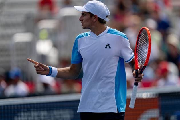 TORONTO, ON - AUGUST 09: Matteo Arnaldi of Italy reacts after winning a point during his second round match of the National Bank Open, part of the Hologic ATP, Tennis Herren Tour, at Sobeys Stadium on August 9, 2023 in Toronto, Canada. (Photo by Julian Avram Icon Sportswire) TENNIS: AUG 09 National Bank Open EDITORIAL USE ONLY Icon2308092029