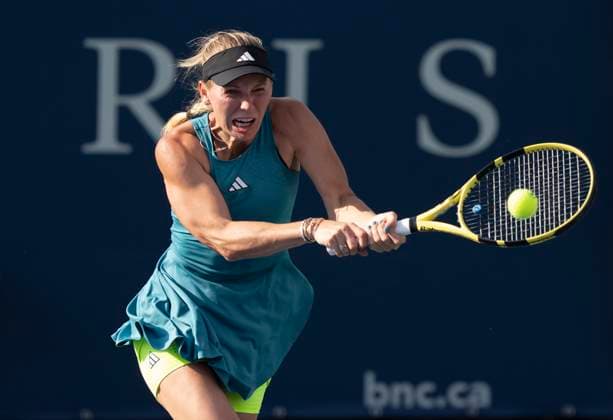 August 9, 2023, MONTREAL, PQ, Canada: Caroline Wozniacki of Denmark hits a return to Marketa Vondrousova of Czech Republic, during the National Bank Open tennis tournament in Montreal, Wednesday, Aug. 9, 2023. Canada News - August 9, 2023  - ZUMAc35_ 20230809_zaf_c35_124 Copyright: xChristinnexMuschix