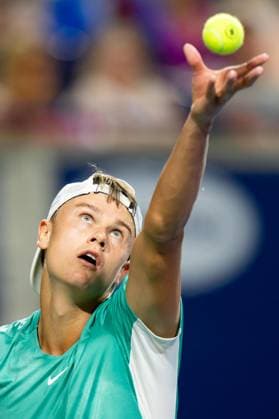 TORONTO, ON - AUGUST 09: Holger Rune of Denmark serves during his second round match of the National Bank Open, part of the Hologic ATP, Tennis Herren Tour, at Sobeys Stadium on August 9, 2023 in Toronto, Canada. (Photo by Julian Avram Icon Sportswire) TENNIS: AUG 09 National Bank Open EDITORIAL USE ONLY Icon2308097941